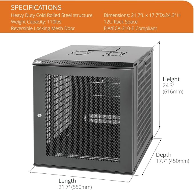 Tecmojo 12U Wall Mount Rack Network Cabinet for 19” IT Equipment,with Lockable Mesh Door and Removable Side Panels,Cooling Fan,Black,17.7inch Deep