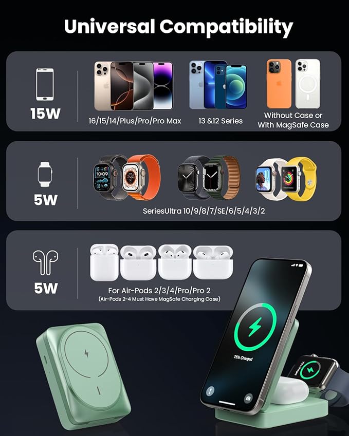 3-in-1 Wireless Charger Charging Station for iPhone, Qi2 Certified 15W Fast Charging Foldable Magnetic Charger Stand with 30W USB C Adapter for MagSafe iPhone 16/15/14/13/12, Apple Watch, AirPods