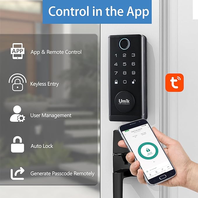 Fingerprint Smart Door Lock with Heavy Duty Handleset, Keyless Entry Door Lock, Electronic Keypad Deadbolt Locks, App Control for Front Door, Home (Matte Black)