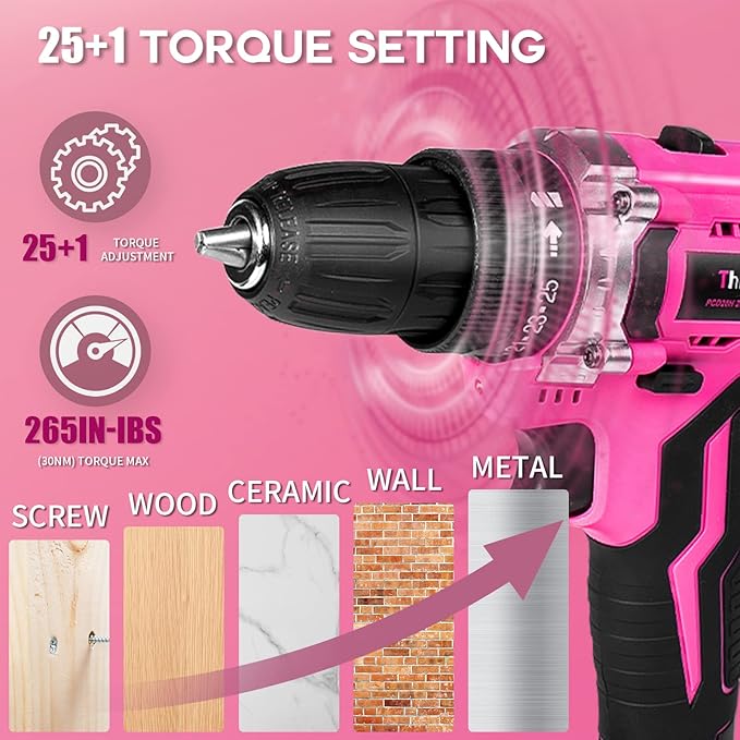 20V Pink Cordless Drill Set - Power Drill/Driver Kit with Drill Brush, Bit Set, 3/8" Keyless Chuck, 2 Variable Speed, 25+1 Torque Setting, Battery and Charger Included, Electric Drill for Home