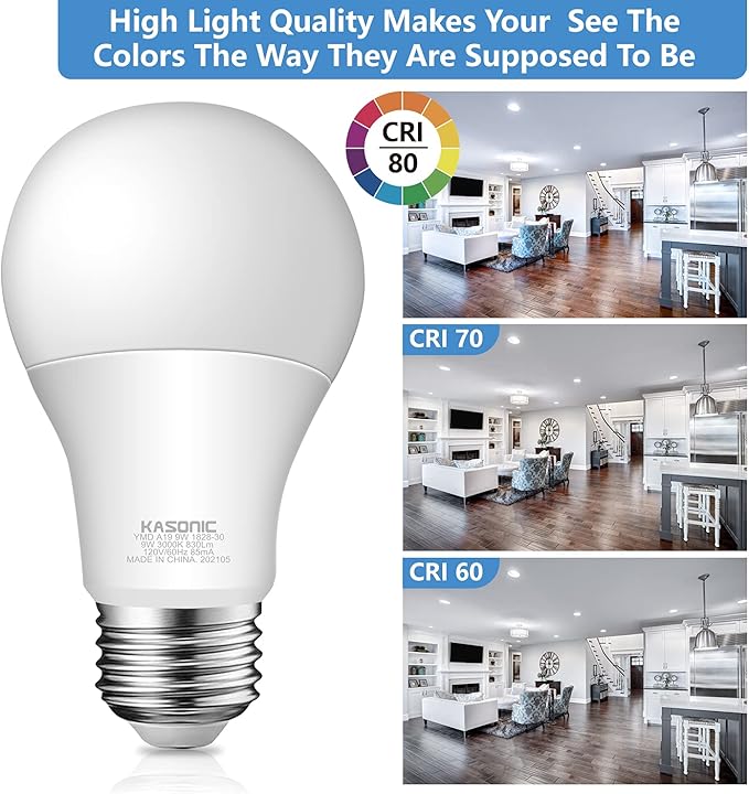 Kasonic Dimmable A19 LED Light Bulb, 60W Equivalent, Efficient 9W, UL Listed, 830 Lumens, E26 Standard Base, 5000K Daylight, 6 Pack