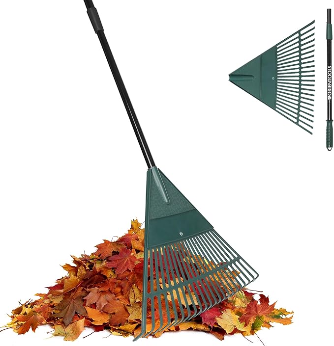 ORIENTOOLS Garden, Adjustable Lightweight Steel Poly Shrub Rake, Plastic Head, 22 Tines, 42 to 60 inches (Black Handle)