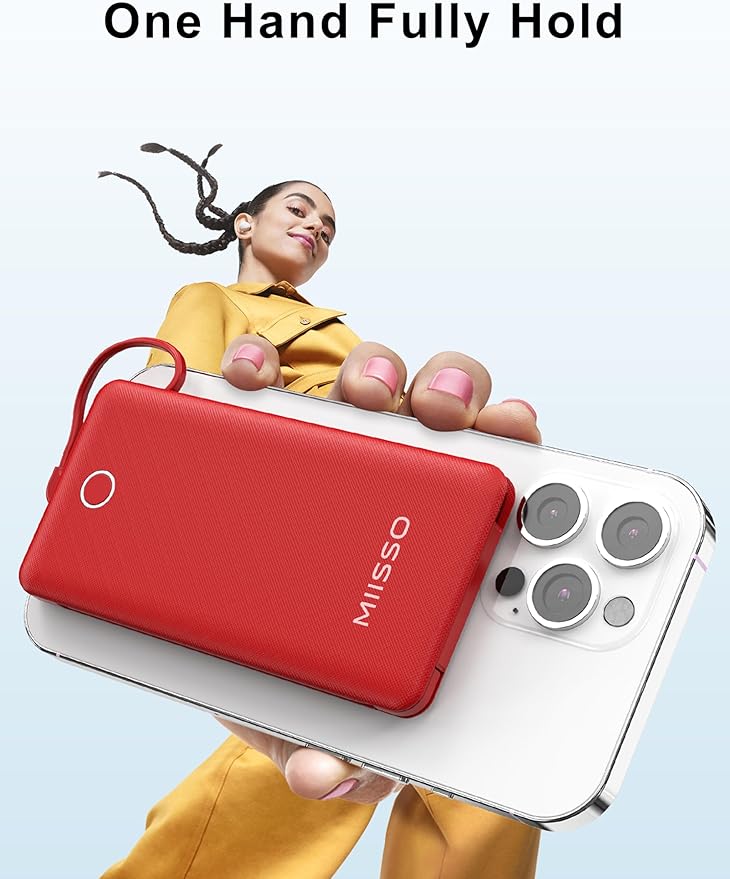 miisso 10000mah Slim Portable Charger with Built in Cable, Power Bank Travel Phone Charger External Battery Pack for Phones, 4 Output USB C Cords Clutch Charger Compatible with iPhone, Samsung, Red