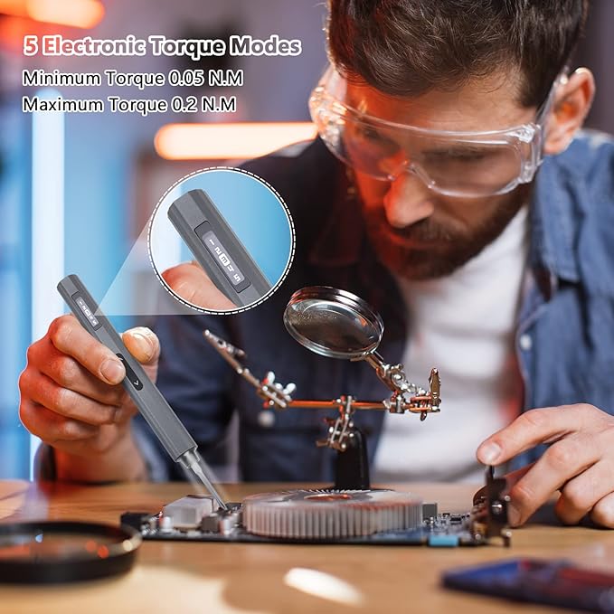 Precision Screwdriver Set, 5 Gear Torque, Mini Screwdriver Set with OLED Screen, Small Screwdriver Set Rechargeable with 48 multifunctional bits and shadowless LED lights, Aluminum Case