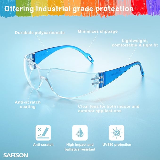 28 Pack Kids Safety Glasses, ANSI Z87.1 Child Size Protective Goggles in 7 Colors, Scratch and Impact Resistant Clear Lens Eyewear with Color Frame for Nerf Party/Science/School Projects