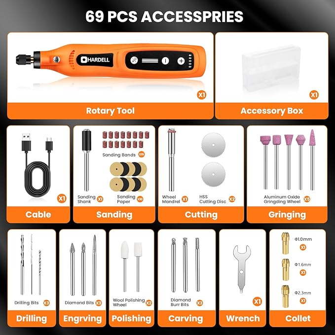 HARDELL 4V Cordless Rotary Tool, 5-Speeds Rotary Tool Kit with 2000mAh Rechargeable Battery, 69pcs Multi-Purpose Accessories for Engraving, Drilling, Sanding, Polishing, Small DIY Crafting