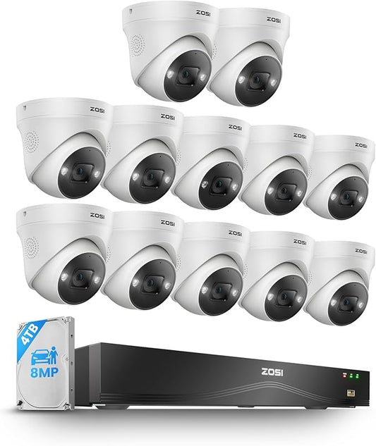 ZOSI 32CH 4K PoE Security Camera System with Person/Vehicle Detection,12x 8MP Indoor Outdoor Dome Cameras,2 Way Audio,Color Night Vision,16Port 32Channel NVR with 4TB HDD for 24/7 Business Recording