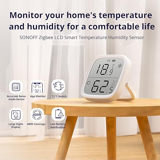 SONOFF Zigbee Indoor Temperature Humidity Sensor, SNZB-02D LCD Wireless Smart Thermometer Hygrometer, Compatible with Alexa & Google Home for Remote Monitoring and Home Automation, 2-Pack