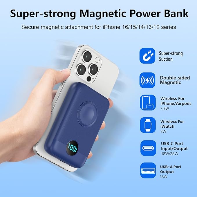 Magnetic Portable Charger for iPhone, 10800mAh 4-in-1 Wireless Power Bank with iWatch Charger, 25W PD Fast Charging Battery Pack for Magsafe, iPhone 16/15/14/13/12 Series, Apple Watch (Blue)