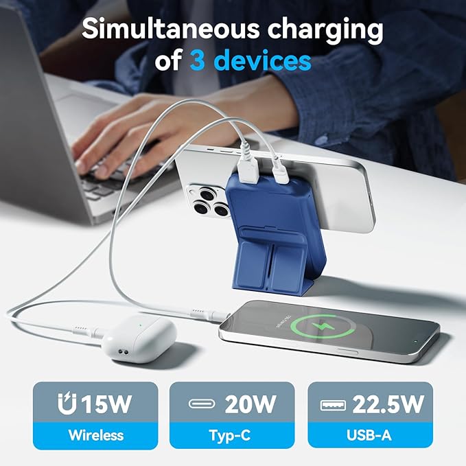 Magnetic Power Bank, 10000mAh Wireless Portable Charger with 20W USB-C Fast Charging, Foldable Stand & LED Display Battery Pack, Compatible with iPhone 16/15/14/13/12, Blue