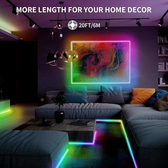 20FT LED Strip Lights COB Smart IC, 24V RGB LED Lights for Bedroom with RF Remote Smart App Button Controller Music Sync Color Changing Strip Lights for Game Room Kitchen Cabinet Lighting