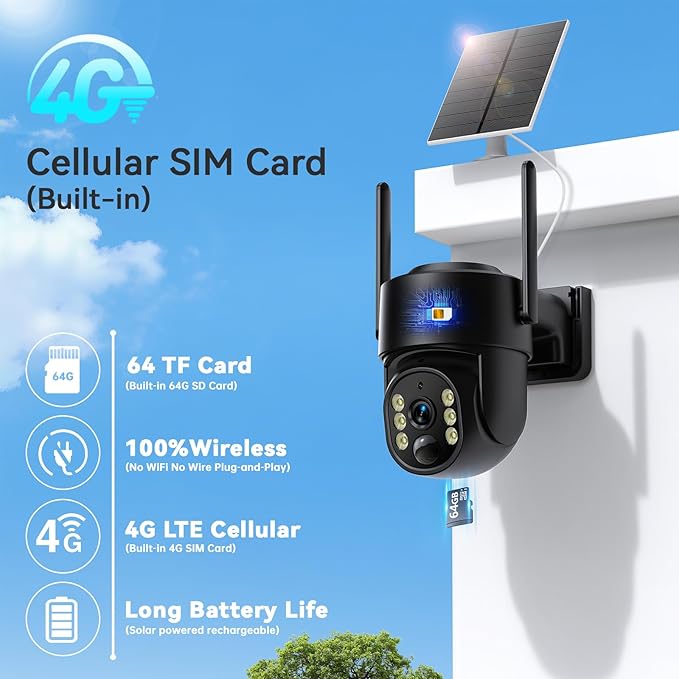 4G LTE Cellular Security Camera, Solar Powered Security Cameras Wireless Outdoor No WiFi Needed, with SIM Card, 2K Color Night Vision, Human Detection Alert, with 64G SD Card, 2-Way Audio, 360° View