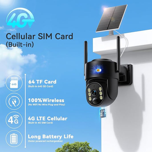 4G LTE Cellular Security Camera, Solar Powered Security Cameras Wireless Outdoor No WiFi Needed, with SIM Card, 2K Color Night Vision, Human Detection Alert, with 64G SD Card, 2-Way Audio, 360° View