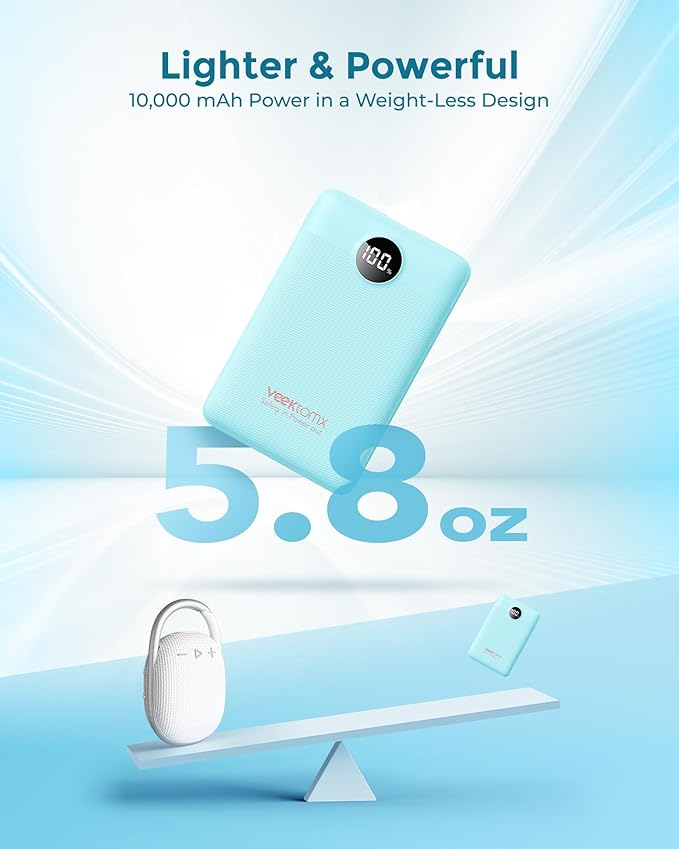VEEKTOMX Mini Portable Charger 10000mAh, 22.5W Fast Charging Small Power Bank Slim & Lightweight Portable Phone Charger, Dual Voltage Battery Pack Compatible with iPhone/Samsung/Google/Tablet, Blue