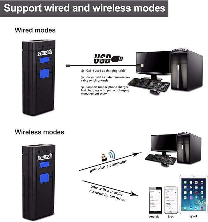 Symcode 2D QR Bluetooth Barcode Scanner, 1D 2D Mini Wireless Handheld CMOS Barcode Scanner Reader with Bluetooth 4.0 & 2.4G Wireless Connection, Portable Barcode Reader Compatible for QR PDF417 Dat