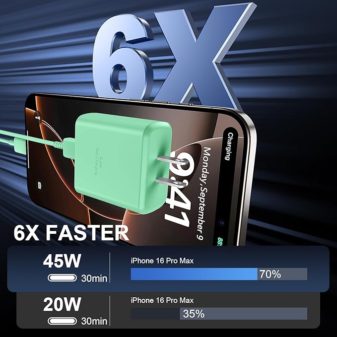 Phone 16 Pro Max Charger Fast Charging, 45W USB C Phone 16 Super Fast Charger Block with 10ft Long Type C Charging Cable Cord for Phone 16/16 Pro/16 Pro Max/16 Plus, 15/15 Pro Max/Pro/Plus Green