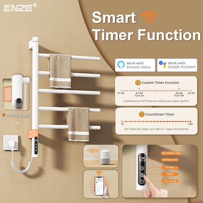 ENZE Smart Rotating Heated Towel Rack for Bathroom, Wall-Mounted Electric Towel Dryer with Swivel Bars, Smart Timer, Low Carbon Steel, IPX5, Plug-in/Hardwired, Towel Warmer with Wi-Fi App Control
