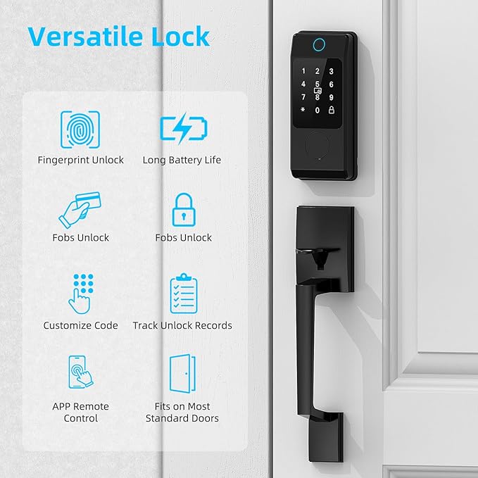 WiFi Front Door Lock Set - Miuedo Keyless Entry Door Locks Handle Set, Fingerprint Smart Alexa Keypad- Smart Deadbolt Lock with Handle Latch - WiFi Access Bluetooth APP-Black