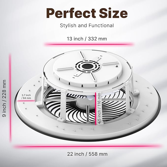 Bladeless Ceiling Fan with Light and Remote Control Low Profile Ceiling Fan 22" Modern Enclosed Multi-Speed Indoor Ceiling Fan 3 Color Temperatures Smart LED Dimmable Lighting (Black)