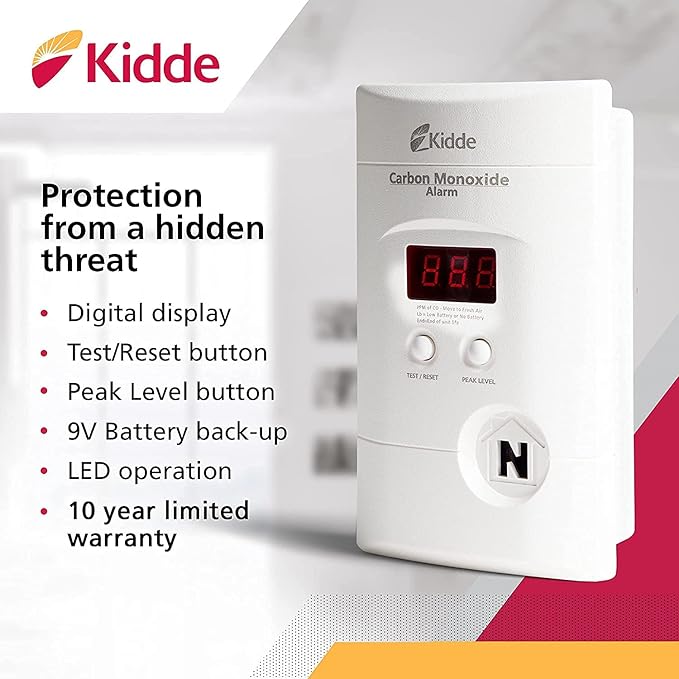 Kidde Carbon Monoxide Detector, Plug In Wall with 9-Volt Battery Backup, Digital LED Display - 6 Pack