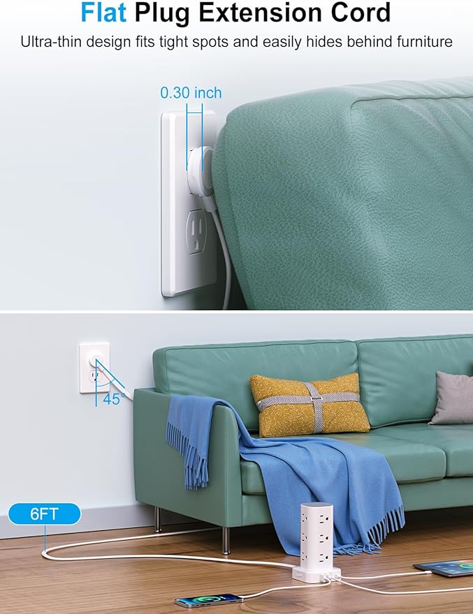 Power Strip Tower with Multiple Outlets, Flat Plug Surge Protector Tower Extension Cord with 12 AC Outlets 4 USB Ports (2 USB C), 6FT Cord Power Tower Surge Protector for Home Office Dorm Room, White