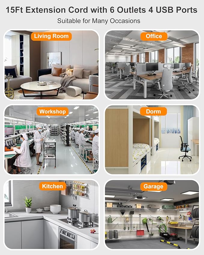 4 USB(2 USB C) Surge Protector Power Strip- 15 Ft Extension Cord with 6 Widely Outlets and Switch, Flat Plug Desk USB Charging Station with Long Braided Extension Cord Wall Mount for Home Office Dorm