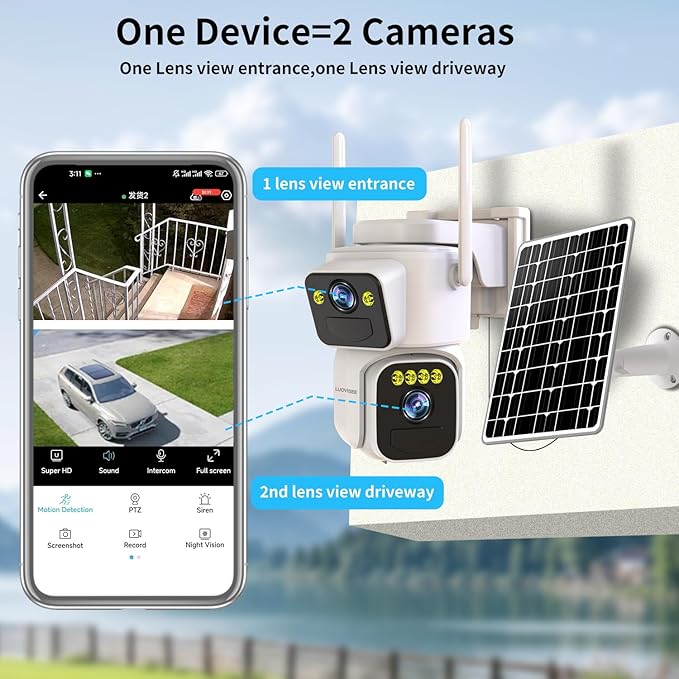 Cameras for Home Security with Dual Lens,2.4G/5G WiFi Outdoor Camera Wireless Solar Powered,PIR Alarm,Color Night Vision,2-Way Audio,Cloud/SD Storage,No Month Fee(2 Pack)