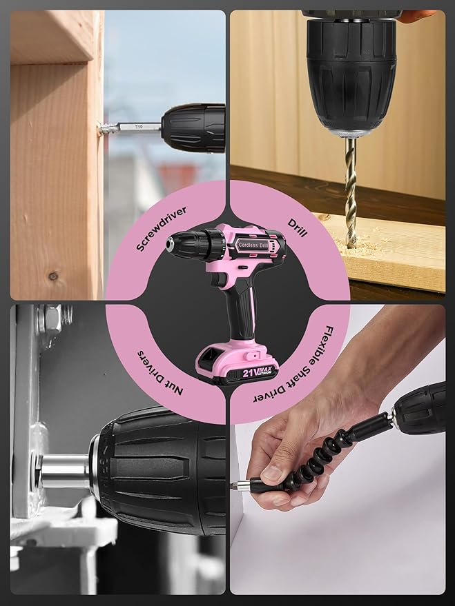 Pink Cordless Drill Set 21V, 154 PCS Tool Kit for Women with Storage Bag, Power Electric Drills, Precision Screwdriver Set, Hammer, Pliers, Magnetic Wristband and Accessories for DIY Home Repair Gift