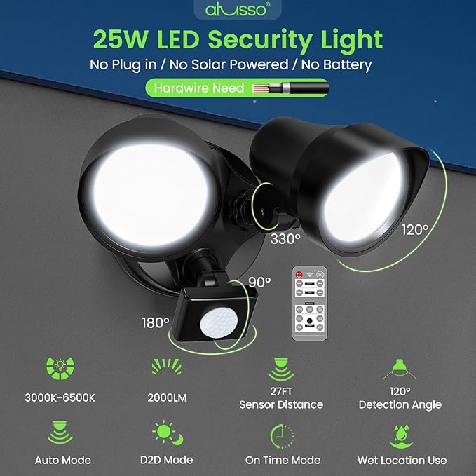 ALUSSO® LED Security Lights Motion Sensor, 25W 2000LM Flood Lights Outdoor Motion Sensor with Remote, Dimmable Brightness 3000K-6500K CCT IP65 Security Light ETL Listed for House Garage Yard 1 Pack