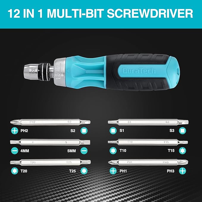 DURATECH Ratcheting Screwdriver, 12-in-1 Multi-bit Screw Drivers, Premium S2 Steel, Innovated Bits Quick-Load Mechanism, with Phillips, Slotted, Torx, Square Bits Stored in Handle