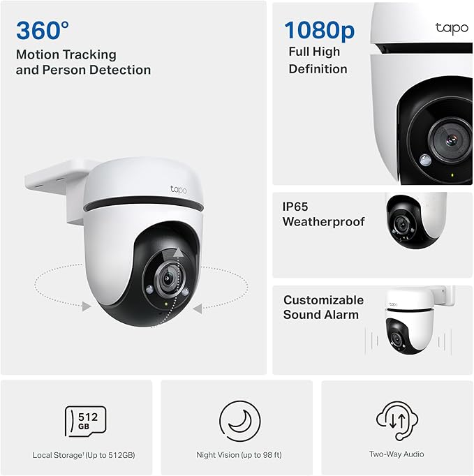 TP-Link Tapo 1080P Outdoor Wired Pan/Tilt Security Wi-Fi Camera, 360° View, Motion Tracking, Works with Alexa & Google Home, Night Vision, Free AI Detection, Cloud & SD Card Storage, Tapo C500