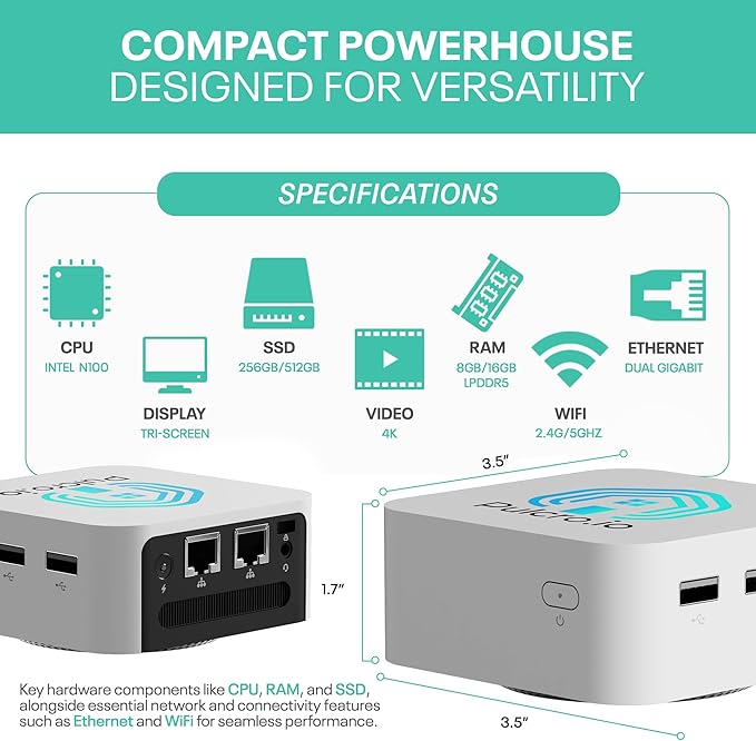 Home Assistant | Pulcro TK QBE Mini PC | N100 CPU, 16GB LPDDR5 RAM, 512GB M2 SSD, 4K HDMI, 3X USB 3.1, Dual Gigabit Ethernet, WiFi 6, BT 5 | Smart Home Automation Hub