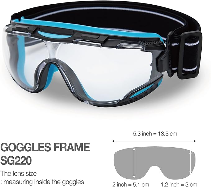 DEX FIT Protective Safety Goggles SG220; Anti Fog & Scratch, Z87 Eye Protection for Lab, Science, and Chemistry Work, Adjustable for Women and Men, (Black & Blue Frame, Clear Lens, 30cm Strap)