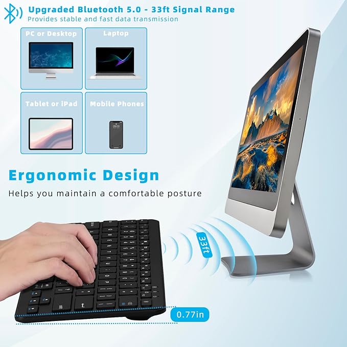Bluetooth Keyboard, Ultra-Slim Wireless Keyboard for iPad, Rechargeable Ergonomic Computer Keyboard for iOS, Android, Windows PC Tablets Phone, Black