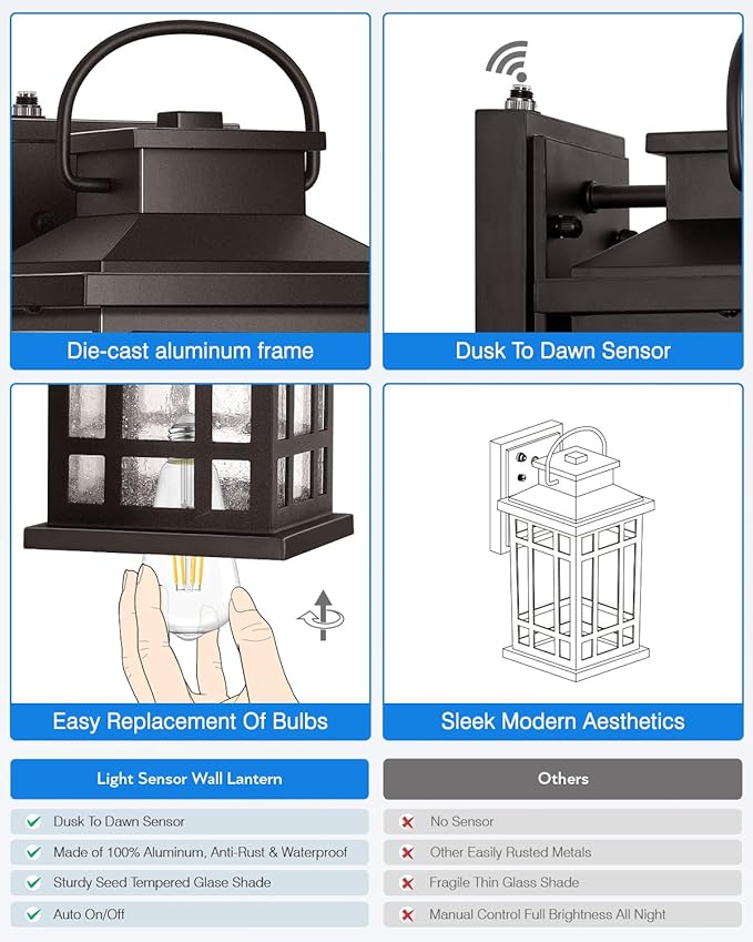 Exterior Lighting Fixtures, Oil Rubbed Bronze Dusk to Dawn Outdoor Light, 100% Aluminum Outdoor Porch Lights Wall Mount, Waterproof Exterior Wall Sconce for Patio, 2-pack Outside Garage Lantern