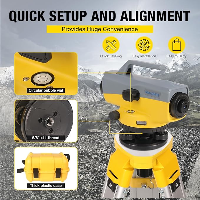 Automatic Optical Level 32X High Precision Auto Level Kit with Magnetic-Damping Compensator, IP66 Waterproof, 60m Range for Surveying, Construction, and Mining