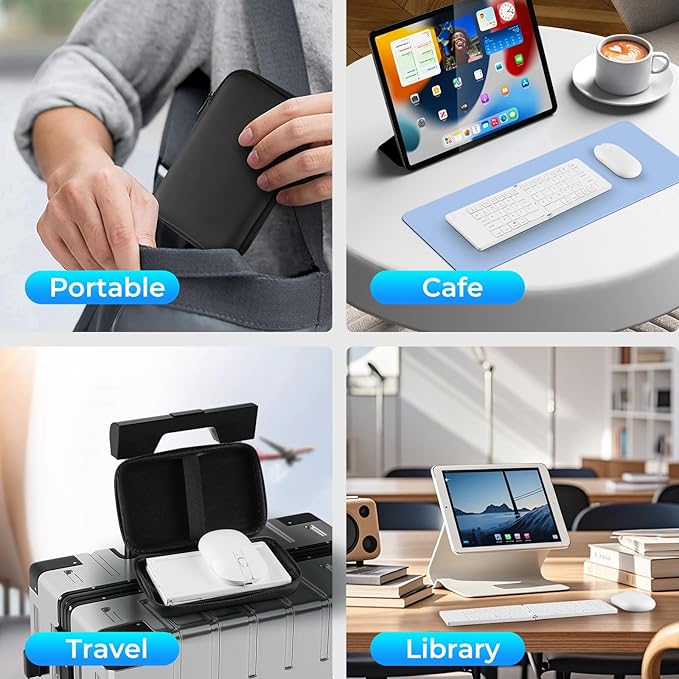 Foldable Keyboard and Mouse, 2.4G Wireless+Dual Bluetooth5.0 Folding Keyboard & Mouse Combos for Business and Travel, USB-C Rechargeable Portable Keyboard Mouse for iPads, Phones, Tablets-White