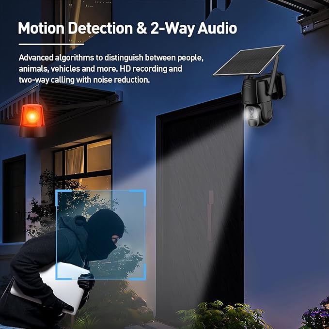 4G LTE Cellular Camera, 2K 360° Solar Camera Outdoor, Built-in SIM Card, Full Color Night Vision, AI Human Detection, IP65 Waterproof, APP Remote Access