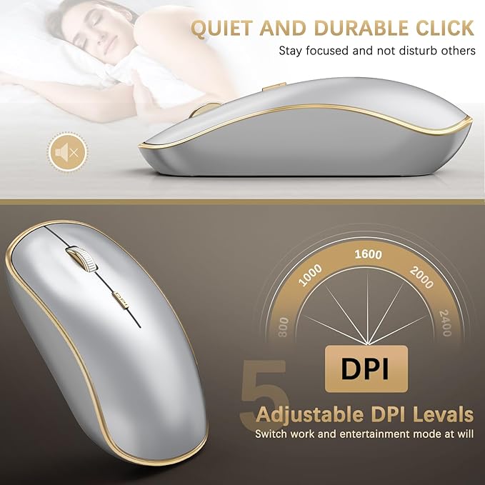 J JOYACCESS Wireless Keyboard and Mouse Combo, Ergonomic and Quiet Wireless Keyboard and Mouse Set, Portable and Customizable DPI for Laptop, Computer and PC(Gold Silver)