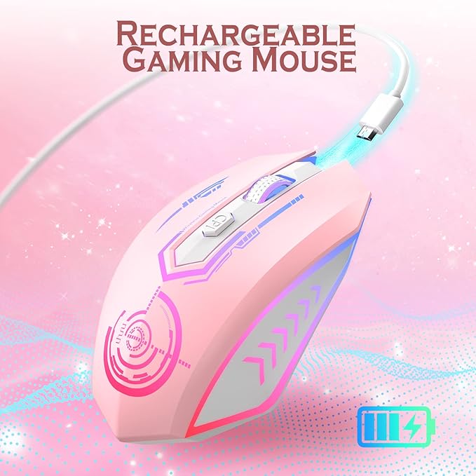 UHURU Gaming Mouse, Wireless Gaming Mouse with 6 Buttons 7 Changeable LED Color up to 10000 DPI, Rechargeable USB Gamer Mouse for PC Laptop (Pink)