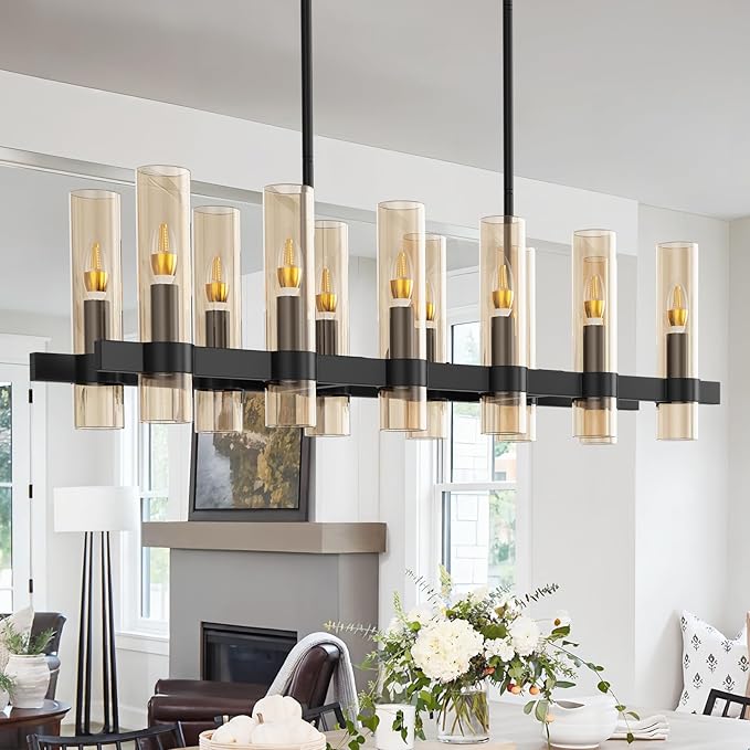 Modern Black Island Rectangle Chandelier with Amber Glass,48” Adjustable Height Modern Linear Light Fixture 12 Light Dining Room Chandelier Over Table for Dining Room Kithen Island