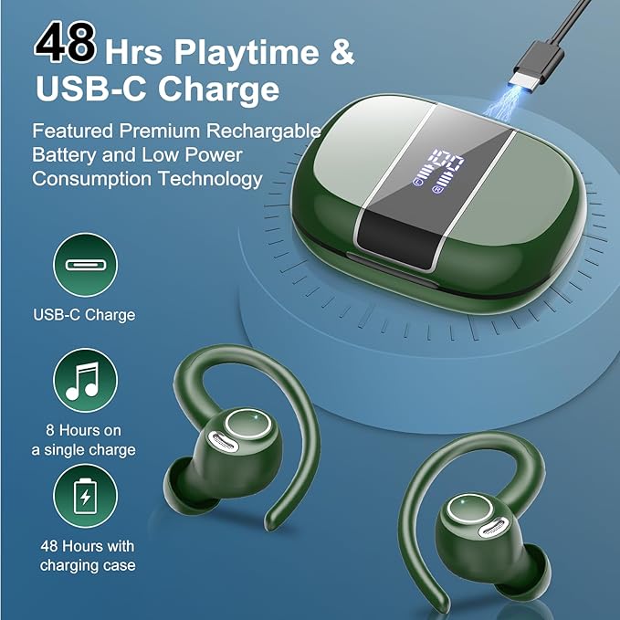 Wireless Earbuds Bluetooth 5.3 Headphones Sports, 48Hrs Playtime Bluetooth Earbuds with CVC 8.0 Mic, Stereo Bass Over Ear Bud with Earhooks, LED Display, IP7 Waterproof Earphon for Running Green