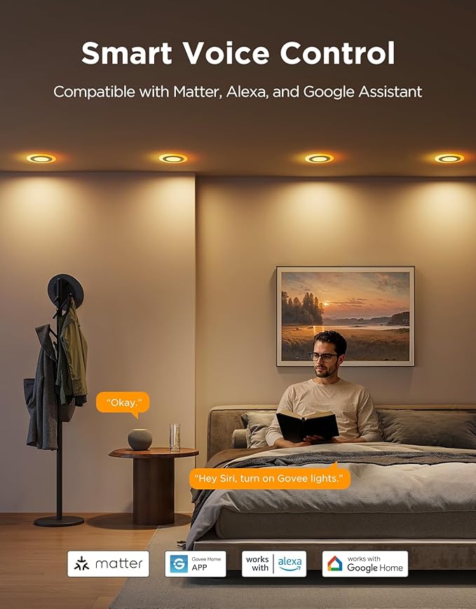 Govee Smart Recessed Lighting 4 inch, RGBIC LED Recessed Light Compitable with Matter and Alexa, 2700K-6500K Dimmable 900LM Canless Downlight with Junction Box for Bedroom, 4 Pack