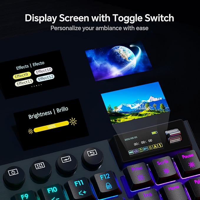 Hexgears Immersion A3 TKL Wireless Mechanical Gaming Keyboard, Bluetooth/2.4G/USB-C Hot-Swappable Low-Profile Keyboard with Linear Switches, 16.8M RGB Backlit, Display Screen & 5800mAh Battery(Black)