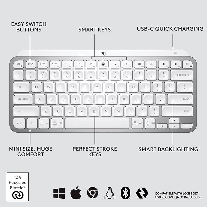 Logitech MX Keys Mini Minimalist Wireless Illuminated Keyboard, Compact, Bluetooth, Backlit, USB-C, Compatible with Apple macOS, iOS, Windows, Linux, Android, Metal Build - Pale Gray