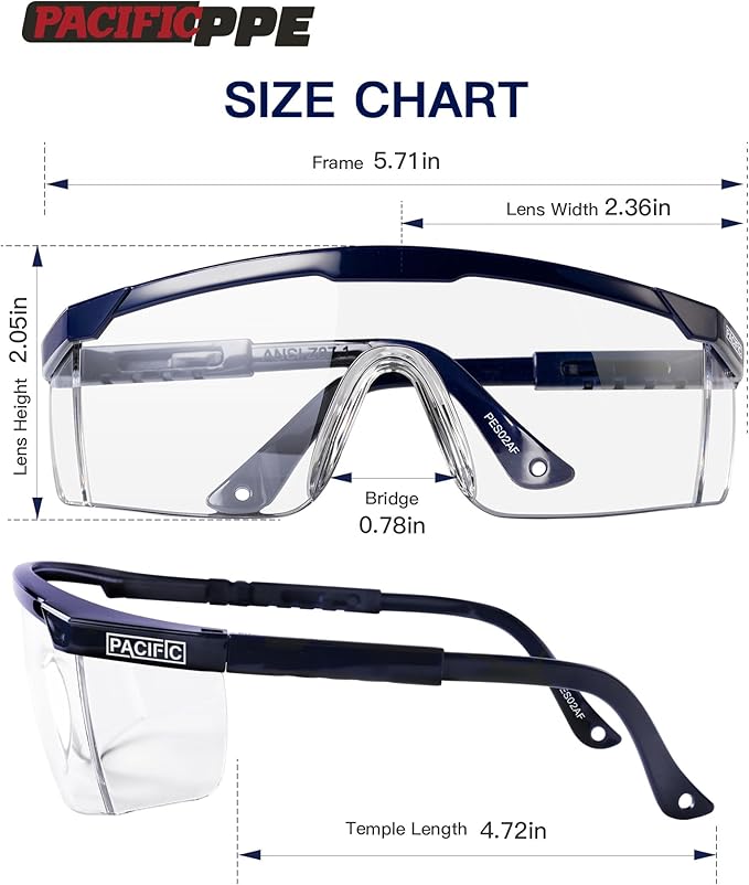 PACIFIC PPE 3 Pack Anti-Fog Safety Glasses with Ajustable Temples, Safety Glasses for Men and Women, ANSI Z87.1, Side Protection, High Transmission Protective Eyewear, Lightweight