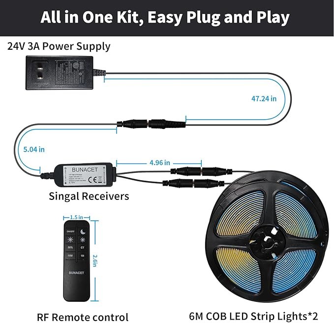 COB LED Strip Lights 5760LEDs, 40FT 4000K Dimmable Daylight Bright LED Lights for Bedroom Counter Under Cabinet Kitchen