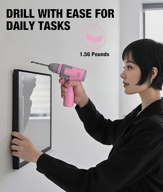 WORKPRO Pink Cordless 8V Drill Driver Set, 2Ah Electric Power Drill with 3/8'' Keyless Chuck, 15pcs Bits & 1 Type-C Charging Cord for Drilling and Screwing - Pink Ribbon