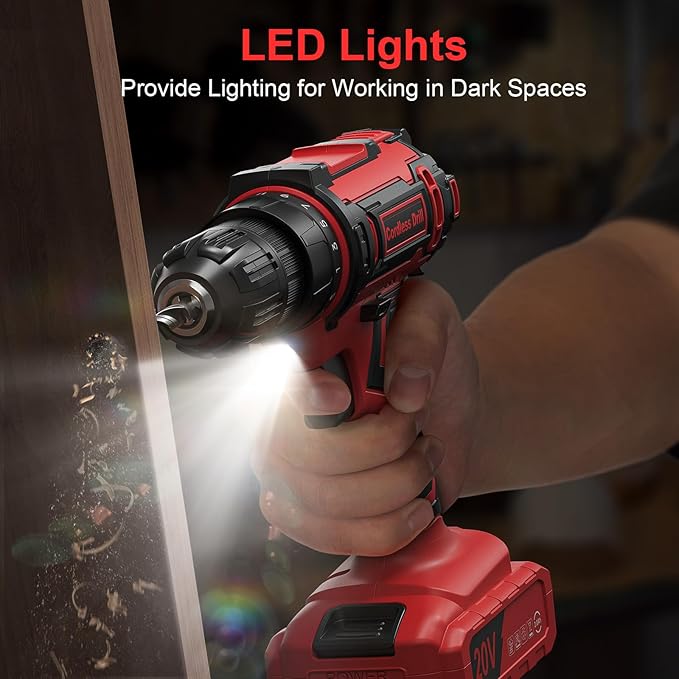 Cordless Drill, 20V Power Drill, Double 2000mAh Power Pack Electric Drills, Cordless Drills with Power Pack and Charger, 3/8" Keyless Chuck Screwdriver with 25+1 Max 370 In-lb Torque, 42Pcs Bits