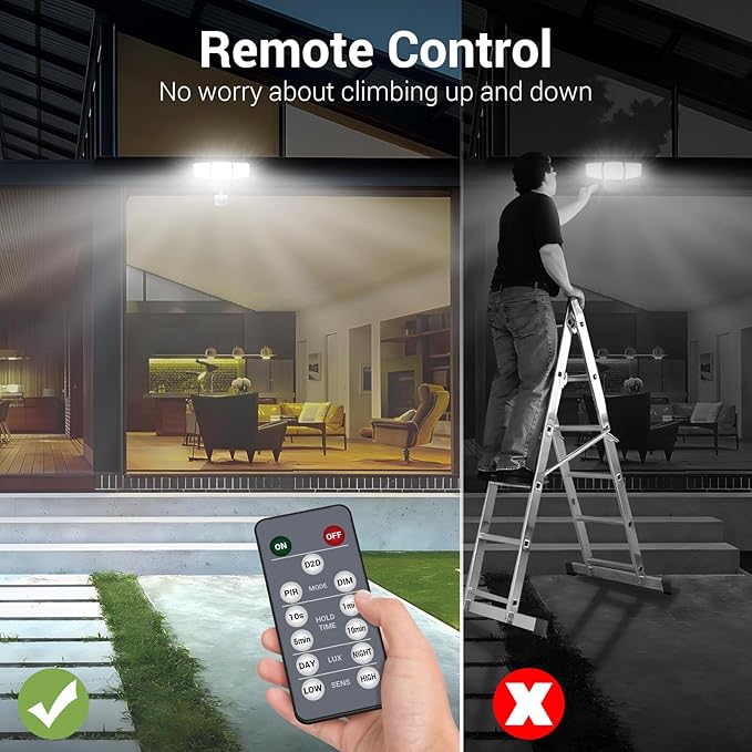 NOVOSTELLA Security Lights Motion Sensor Outdoor, 2Pack LED Flood Lights with Remote, Dusk to Dawn 45W 5000lm 5000K, 3 Heads Wired Wall Adjustable Floodlights, IP65 Waterproof for Garage Yard House